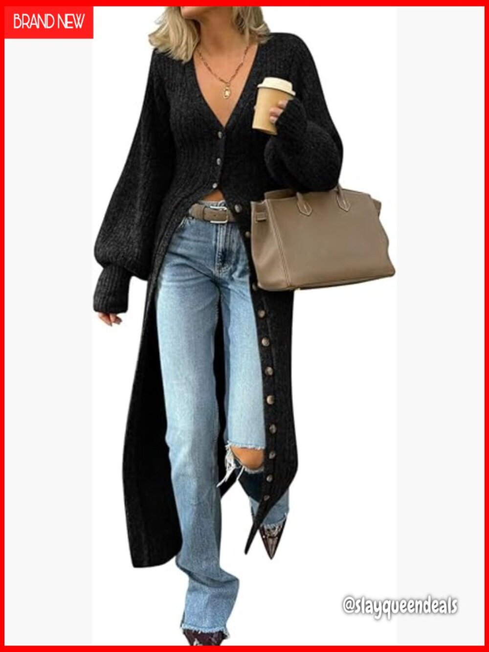 V-Neck Button Down Chunky Knit Maxi Cardigan Sweater Dress Duster Coat